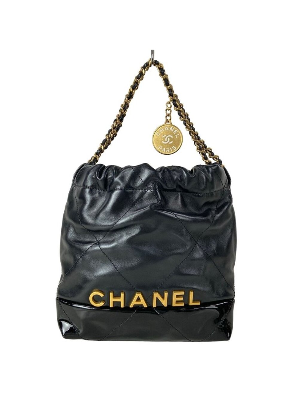 Chanel Handbag 22 Mini Black Chain Handle Vintage Gold Metal